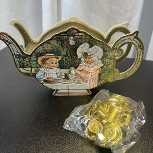 Shackman & Co. Miniature 1983 Gold-plated Plastic Toy Tea Set‎ With Box Vintage